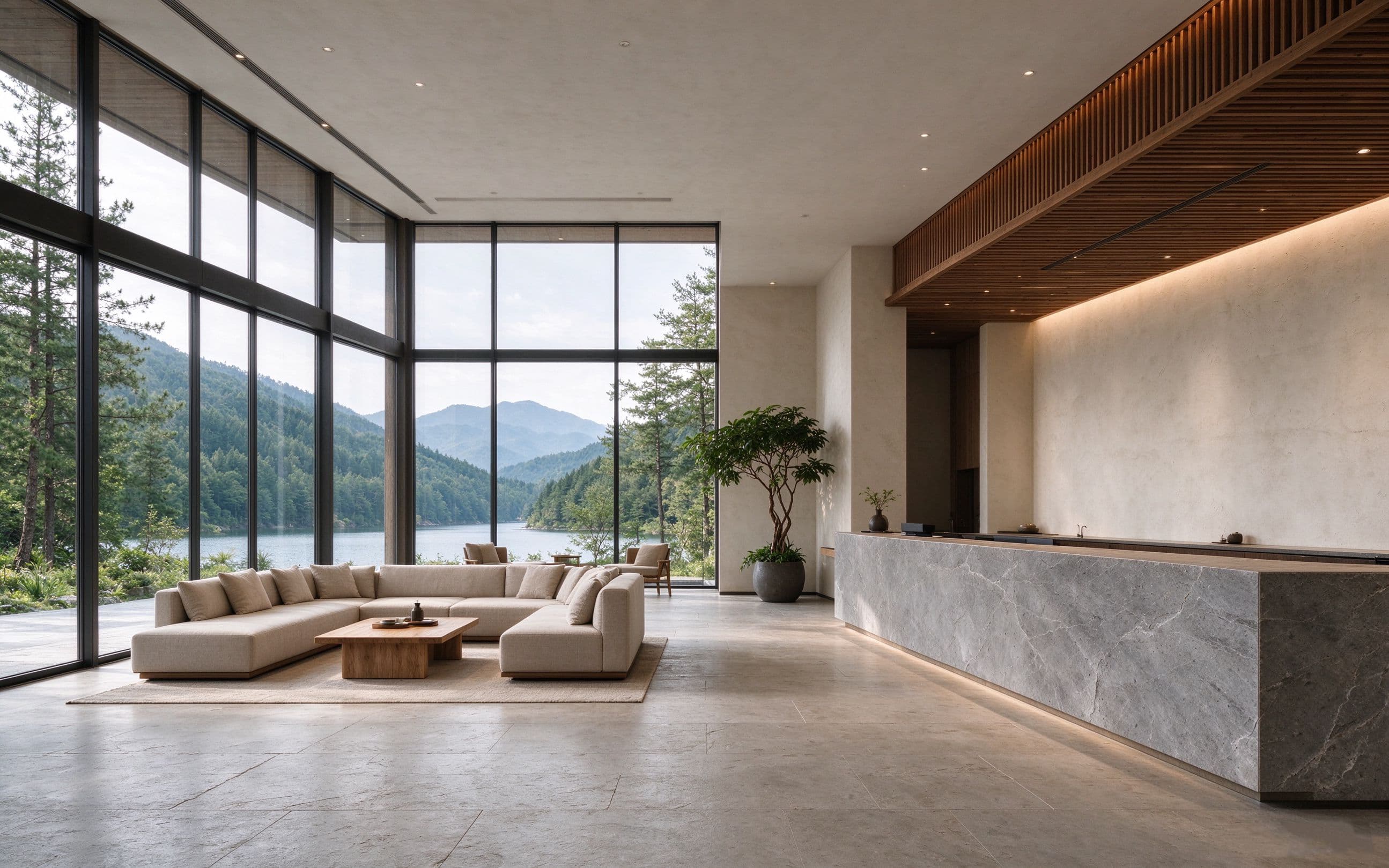 Hotel lobby lounge with a stone reception desk and floor-to-ceiling lake views