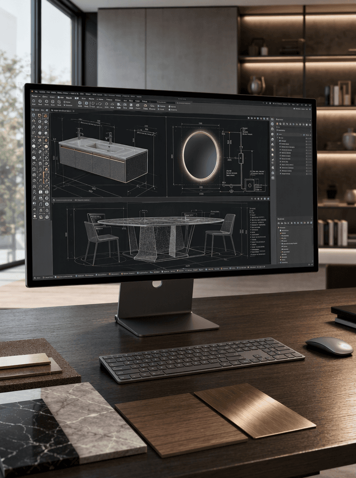 CAD drawings of a bathroom vanity and backlit mirror on a design engineer’s monitor