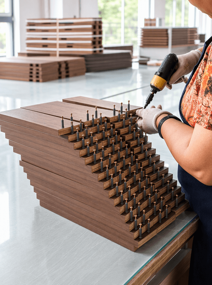 Worker assembling wooden cabinet drawer components in our factory
