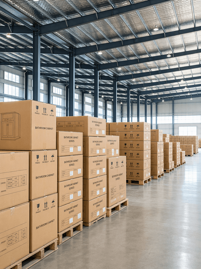 Pallets of packed bathroom cabinets in our shipping warehouse