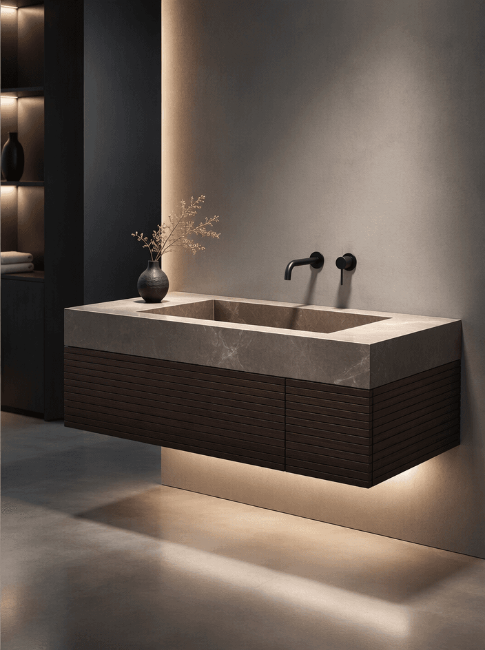 Finished floating bathroom vanity with an integrated stone basin and backlit wall