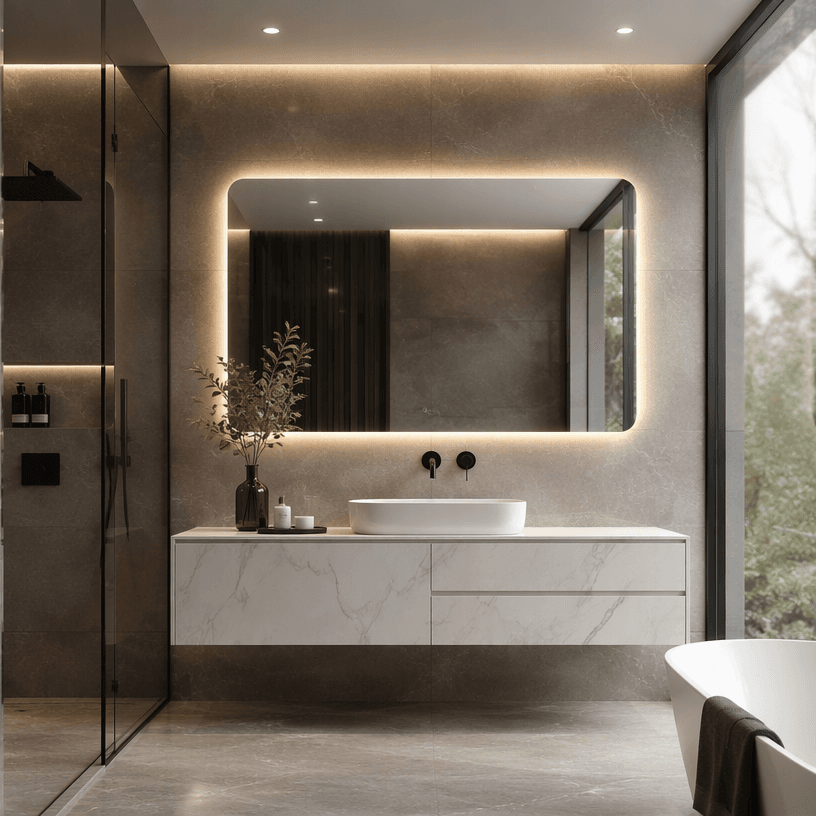 Backlit LED bathroom mirror above a floating marble vanity with taupe stone walls