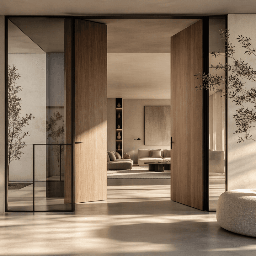Tall wood pivot doors with slim metal frames opening into a minimalist living room