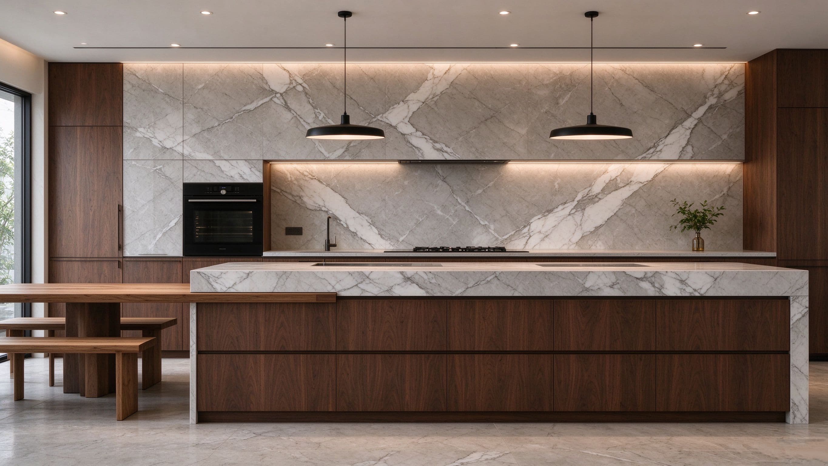Luxury kitchen island with marble backsplash and walnut cabinetry