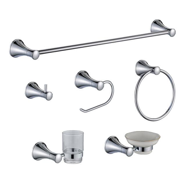 Four-piece chrome bathroom set laid out with towel bar, hooks, ring and soap dish