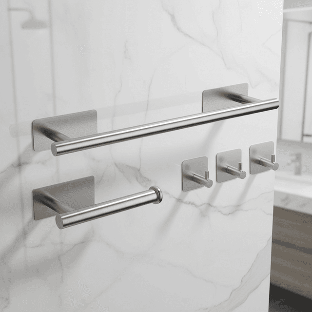 Brushed steel bathroom accessories fitted to a tiled wall