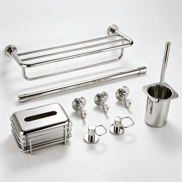 Six-piece chrome bathroom set with multi-bar towel rail and glass shelf