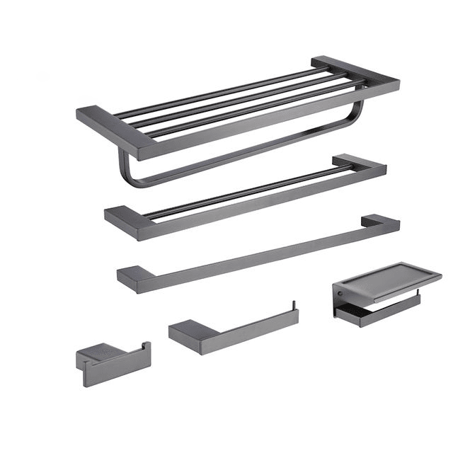 Gunmetal six-piece bathroom accessory set laid out