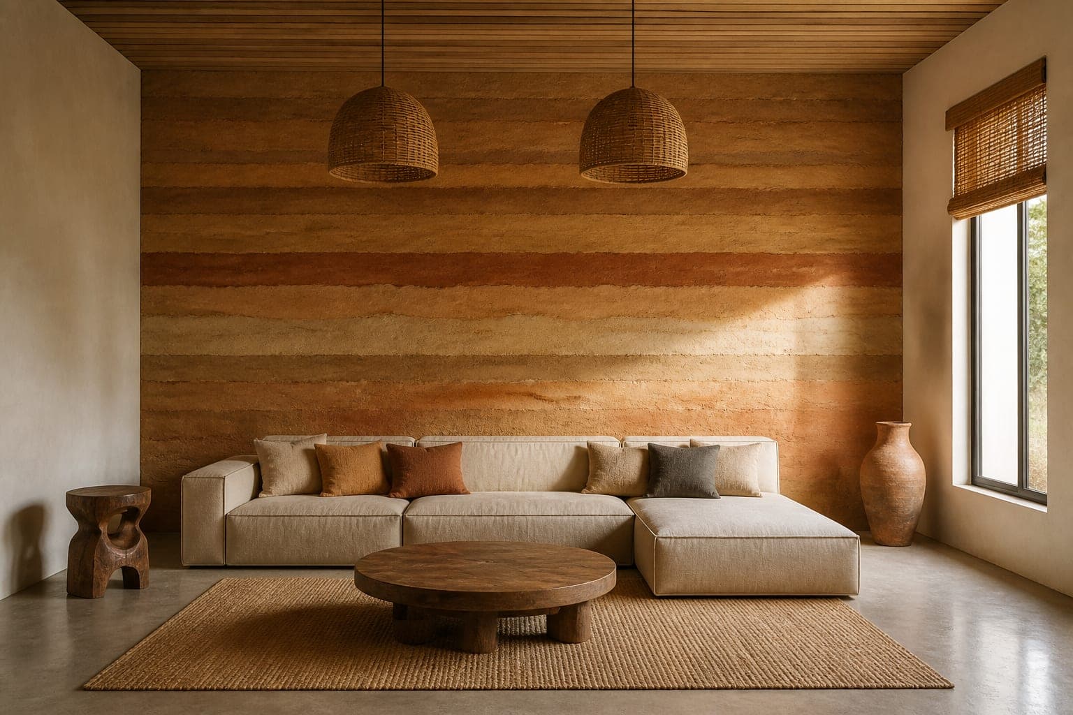 Family room with a rammed earth feature wall