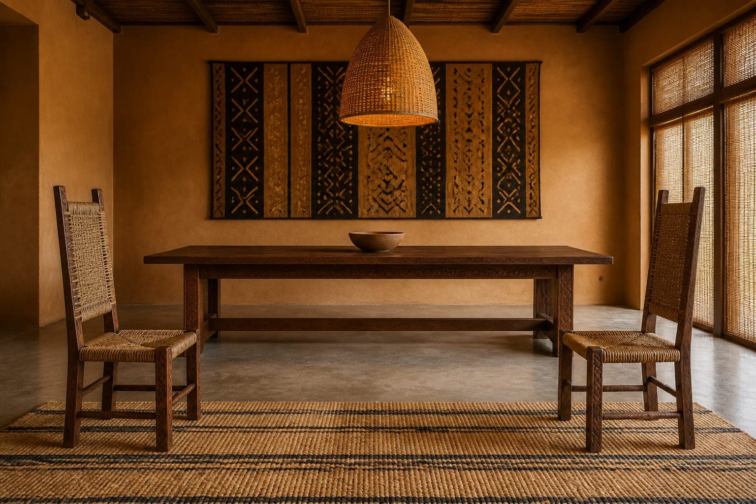 Dining room with a carved timber table and woven chairs