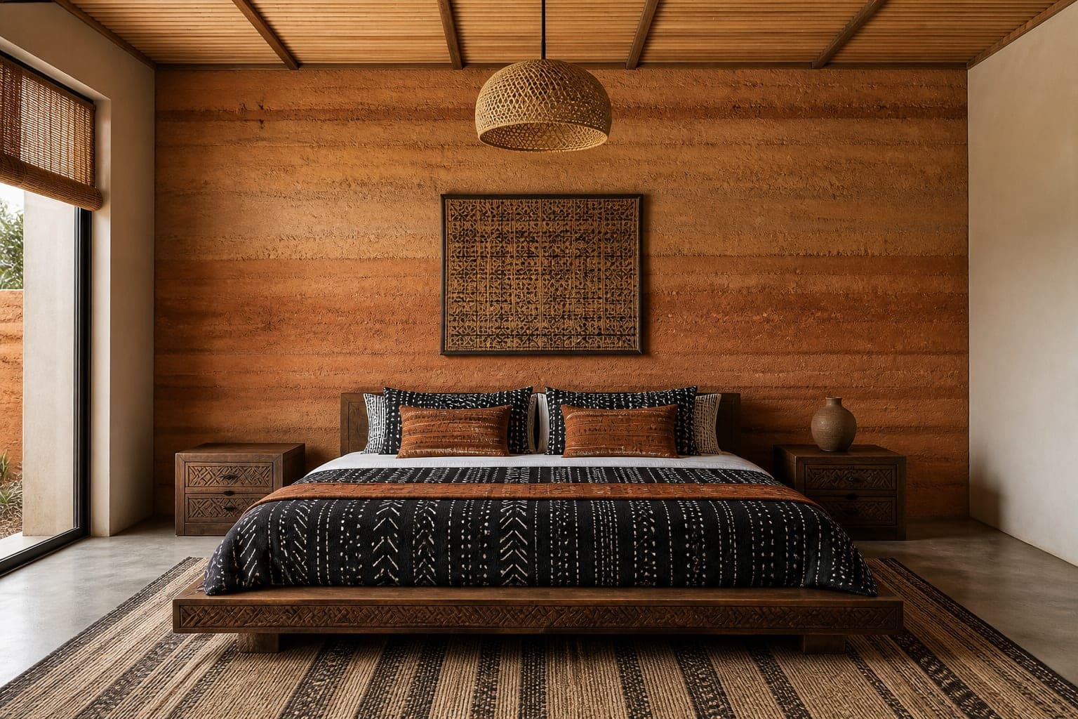 Primary bedroom with a rammed earth wall