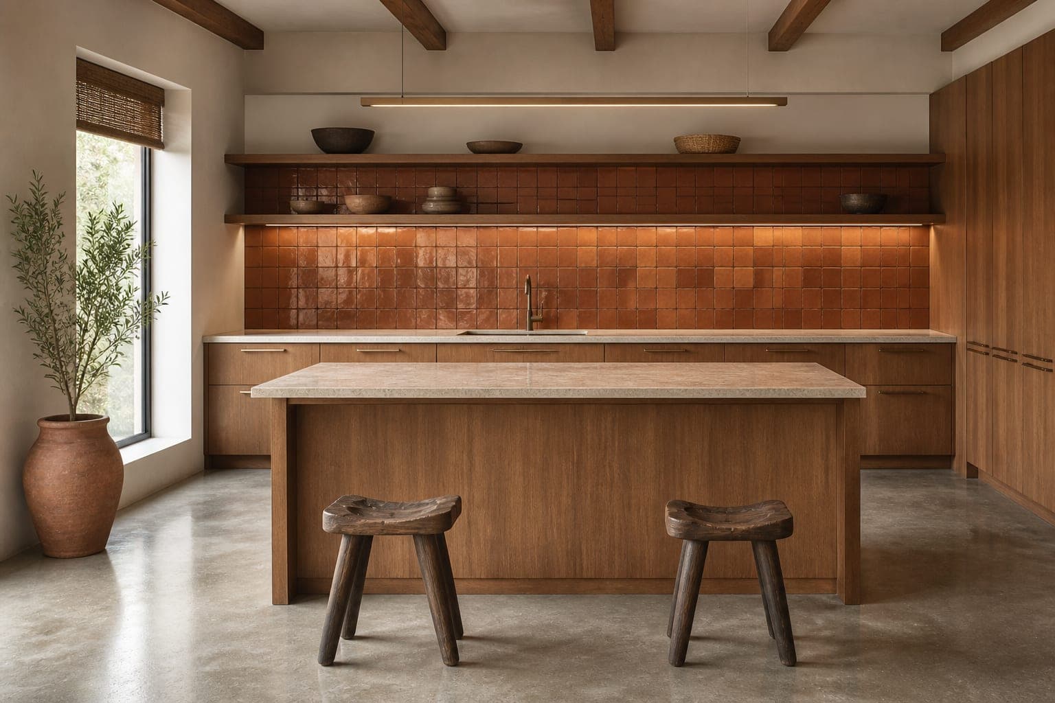 Kitchen with handmade tile and open timber shelving