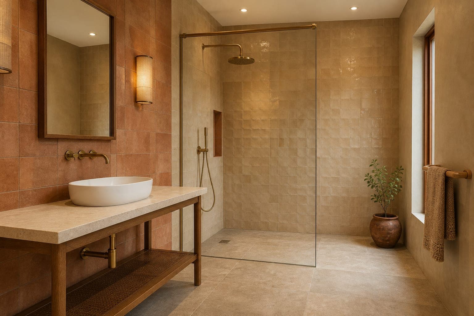 Primary bathroom with handmade terracotta tile