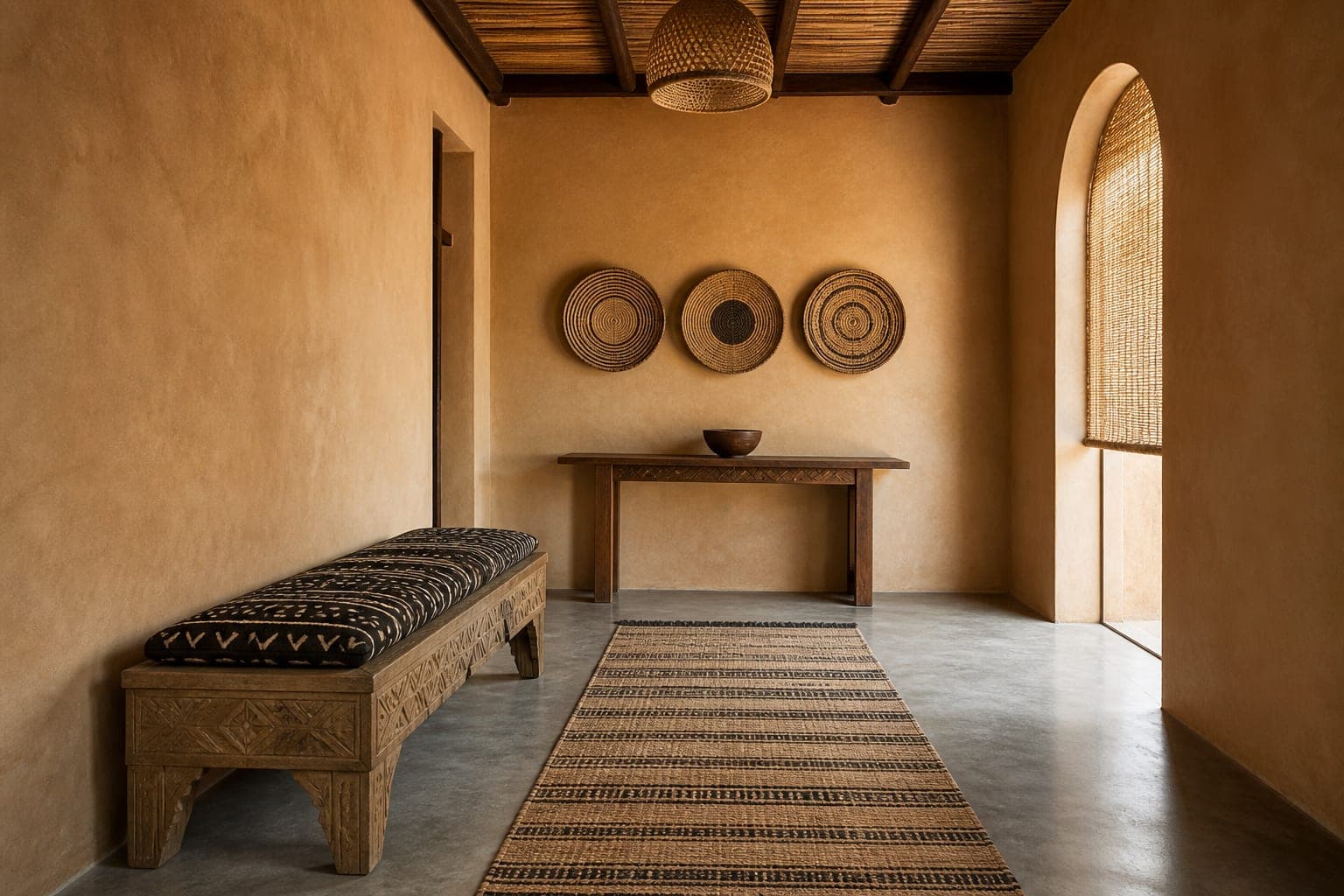 Entry with woven wall pieces and a carved bench
