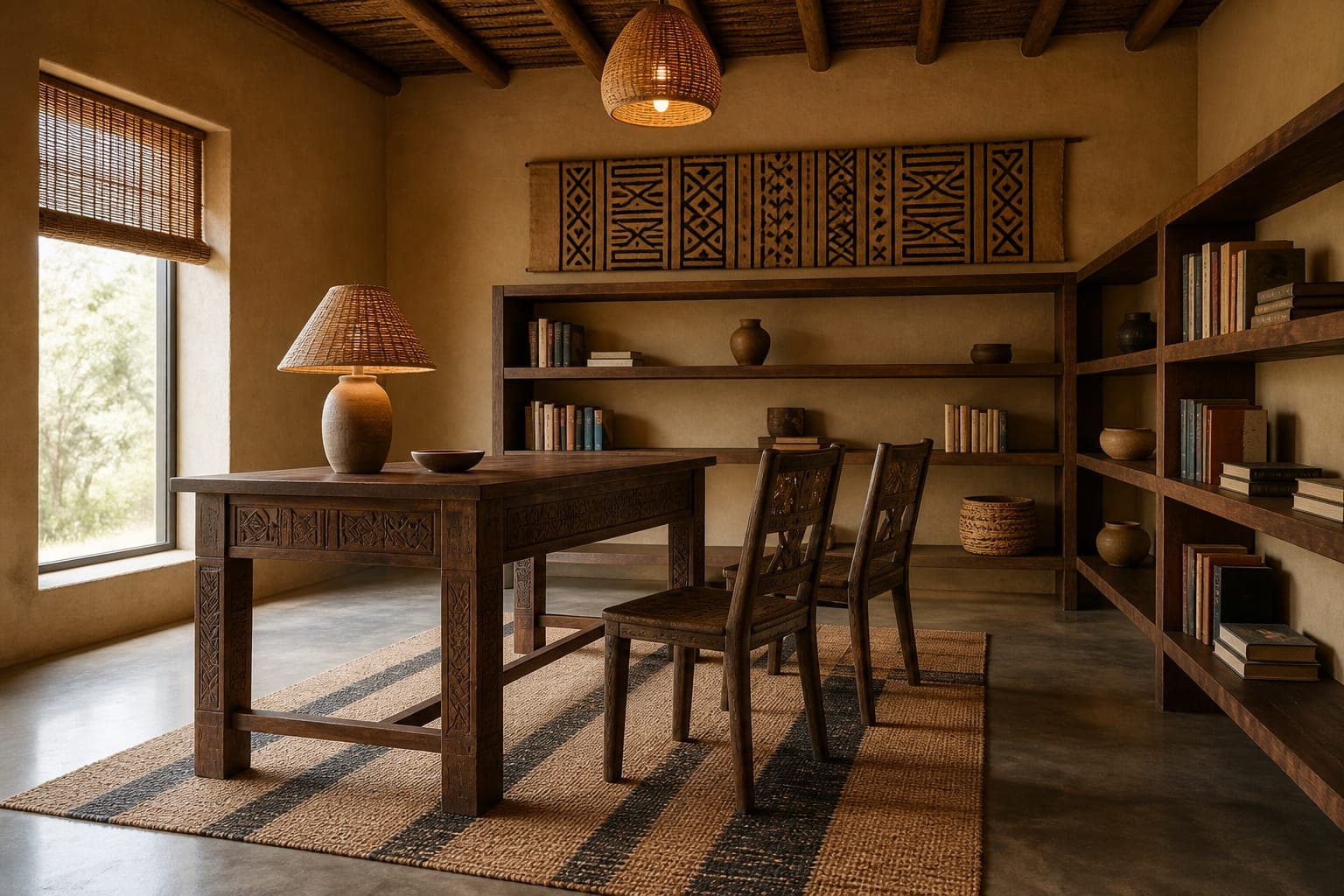 Study with a carved desk and open timber shelving