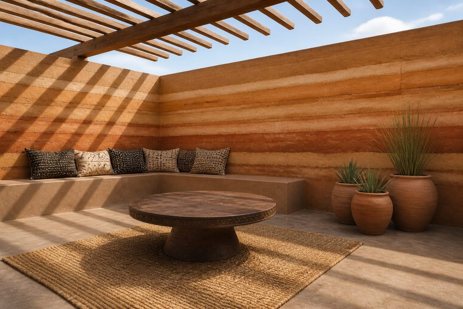 Courtyard with a slatted timber pergola and built-in bench