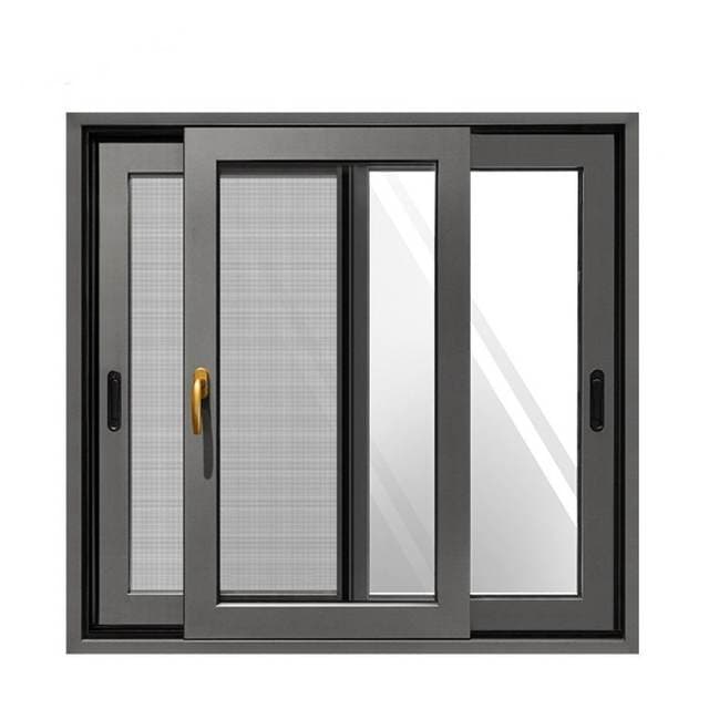 Sliding window with security mesh and a gold handle