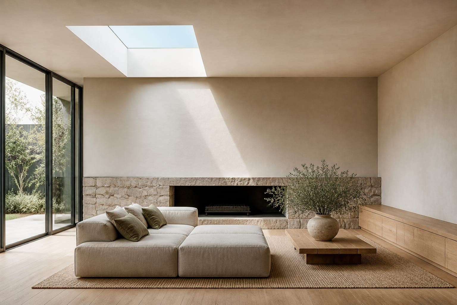 Living room with skylights and a built-in stone fireplace