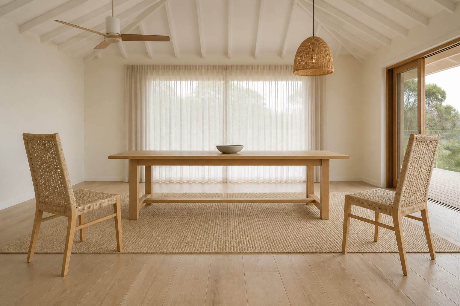Dining room with a pale oak table and woven chairs