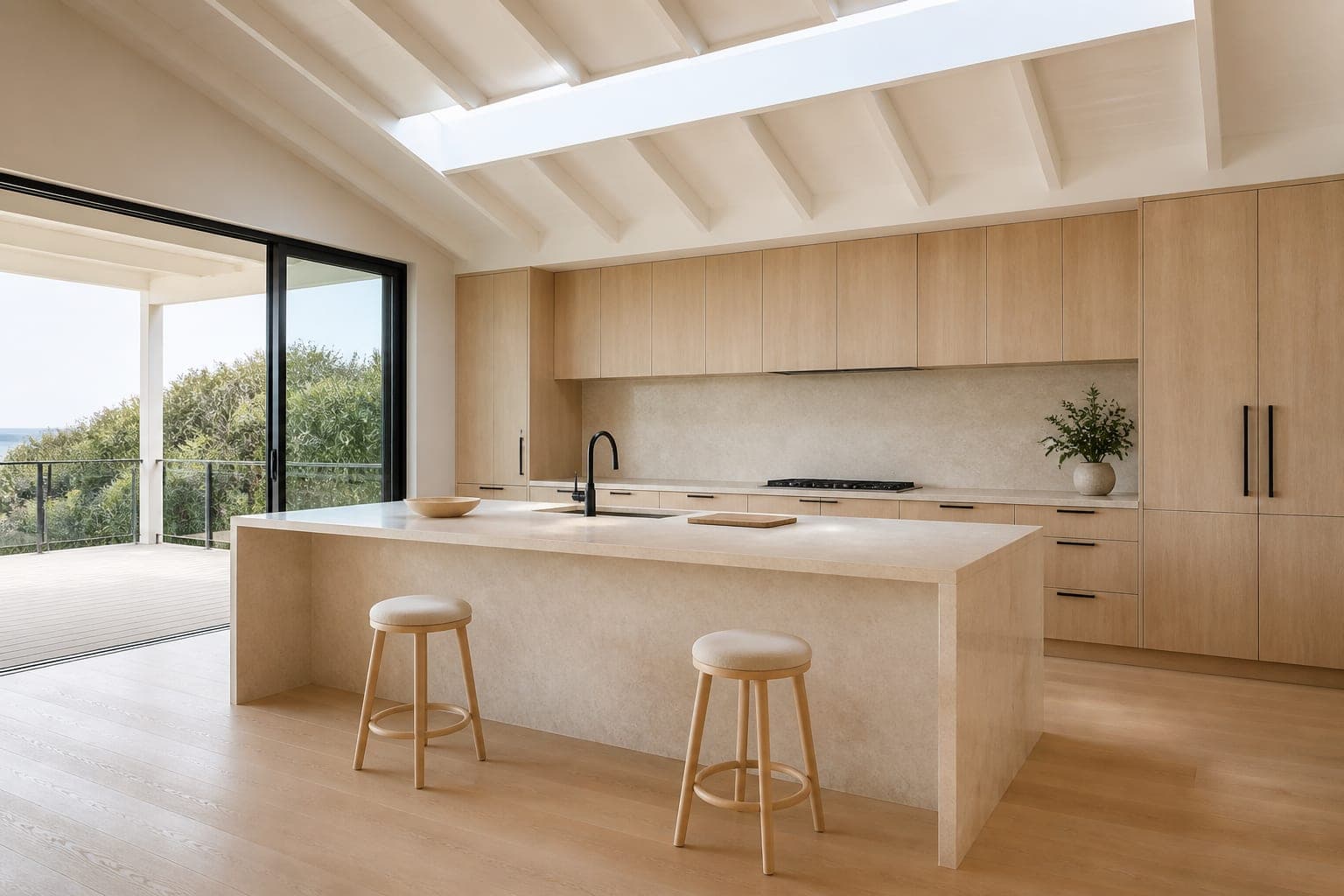 Kitchen with an island under a linear skylight