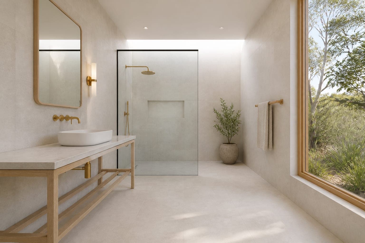 Primary bathroom with a step-free shower and oak-framed vanity