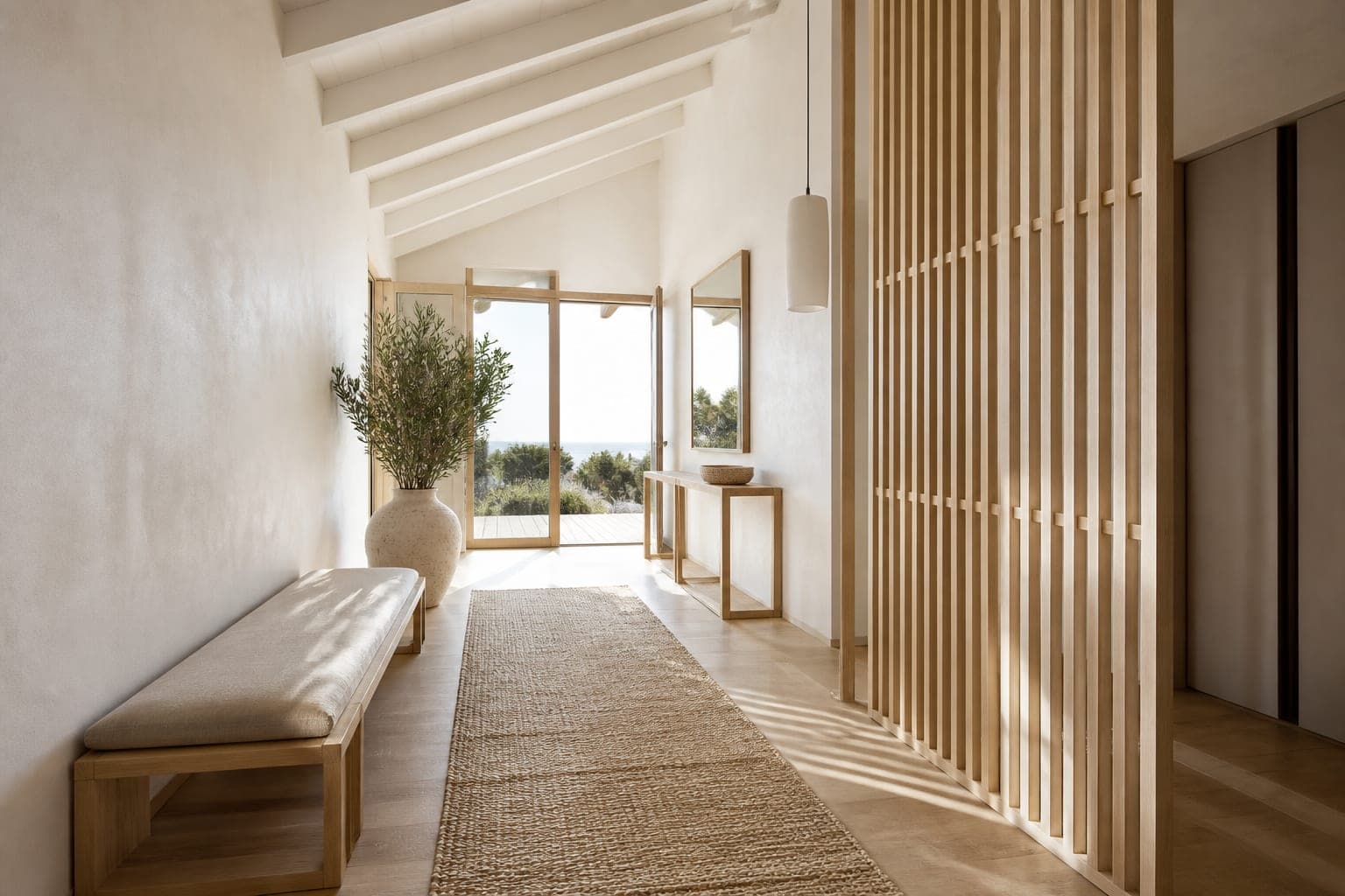 Entry with an oak batten screen and a built-in bench