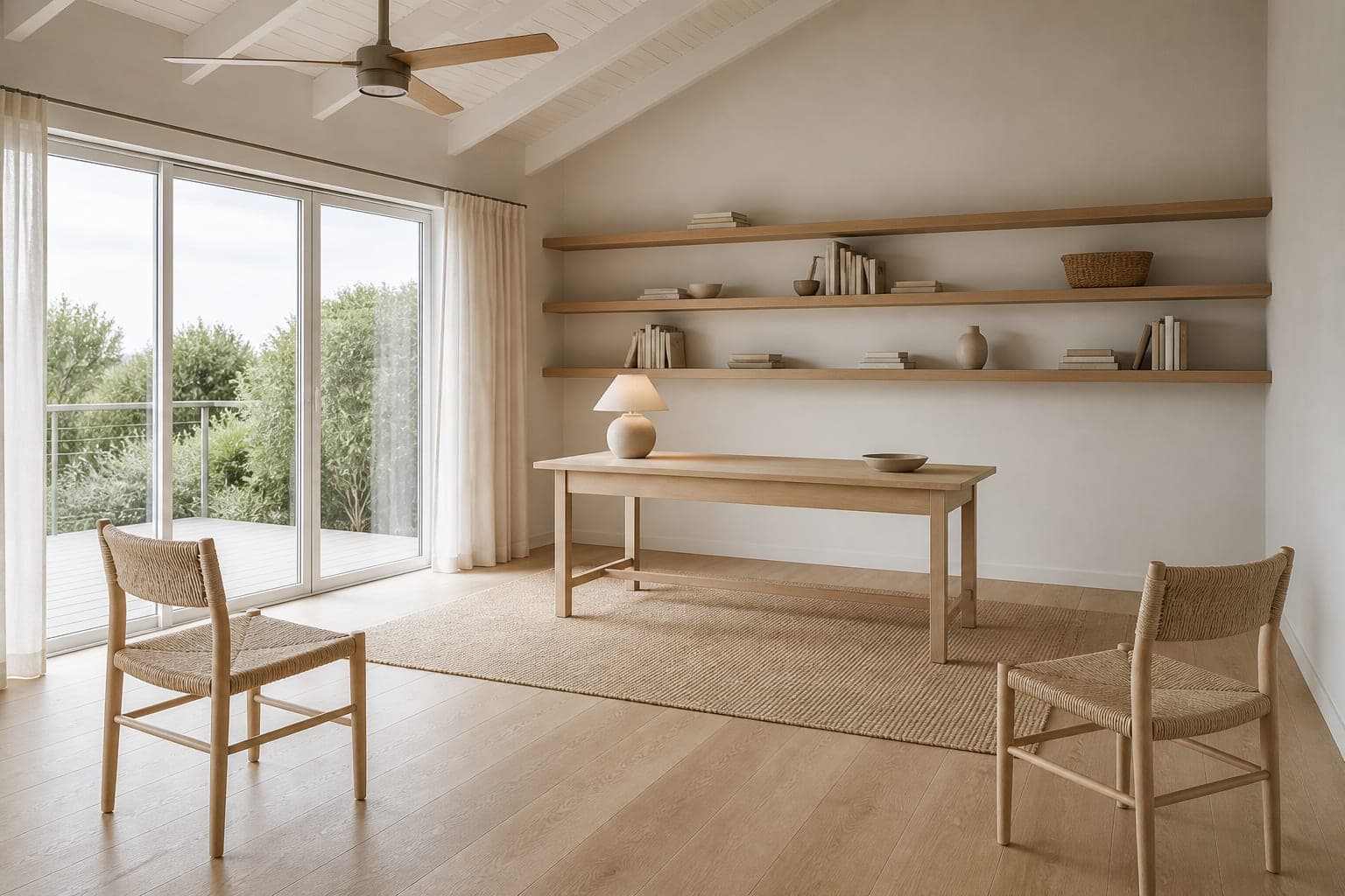Study with floating oak shelves and a woven chair