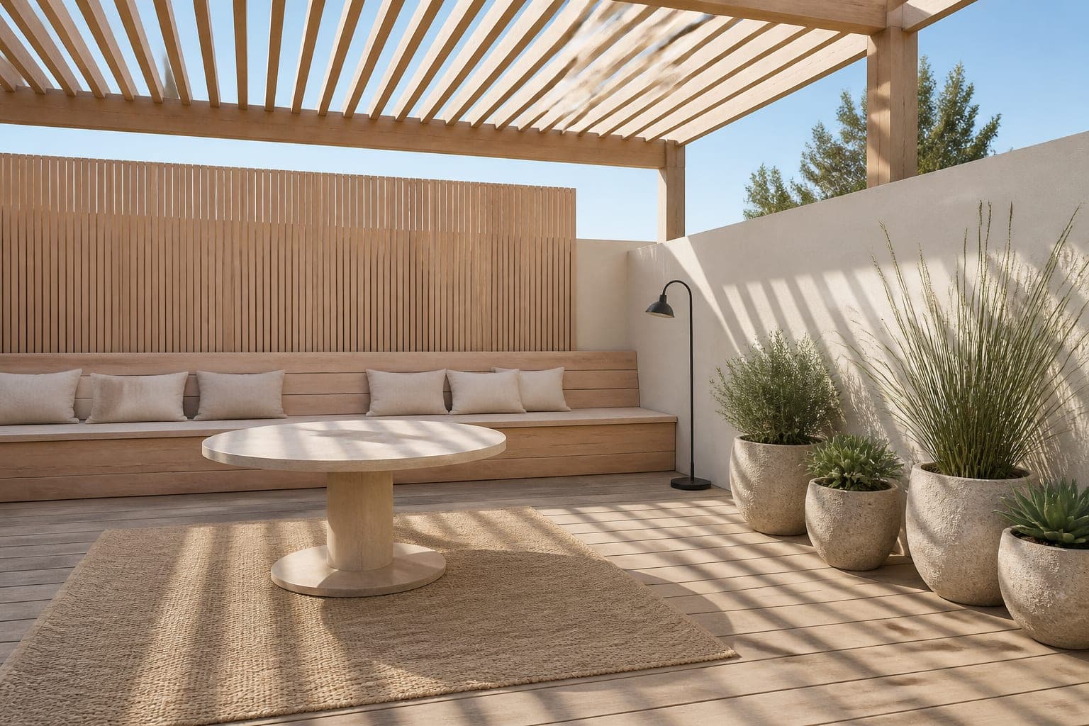 Alfresco terrace with a slatted pergola and built-in bench