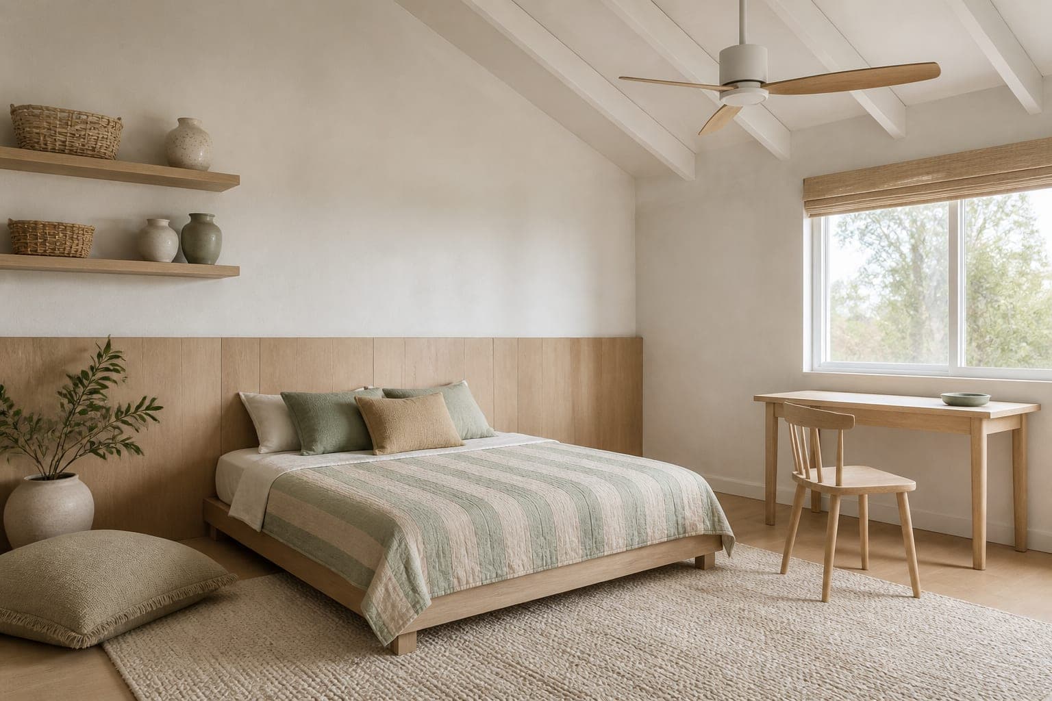 Children’s room with pale oak furniture and woven storage