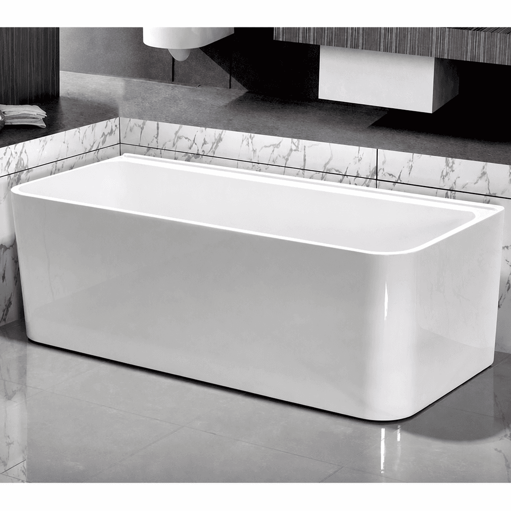 Back-to-wall freestanding bathtub with a straight back face and three rounded sides