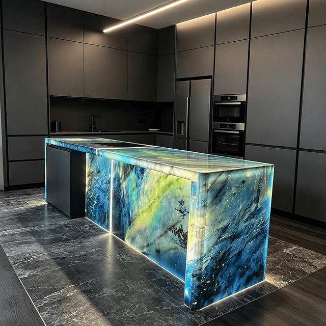 Backlit translucent stone island with LED lighting glowing through the panel