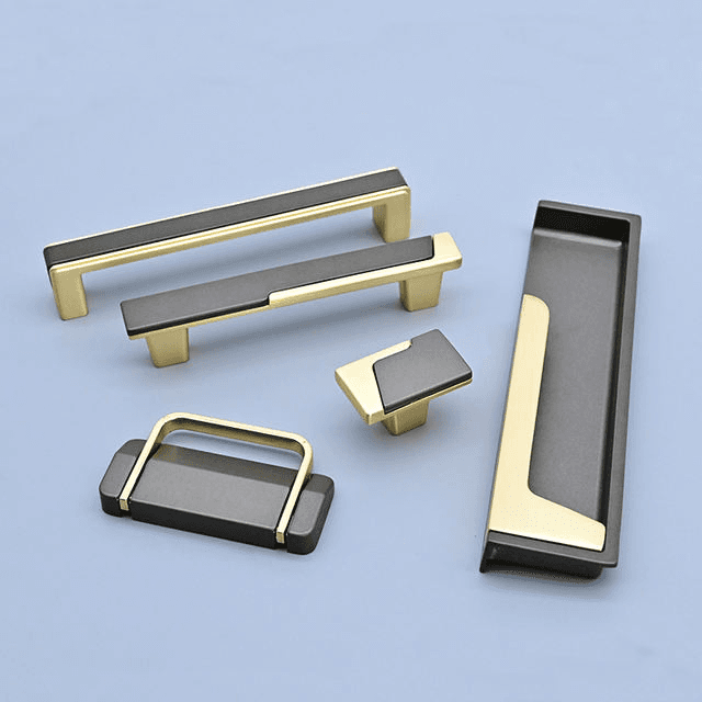 Bar pulls and recessed handles in black and gold