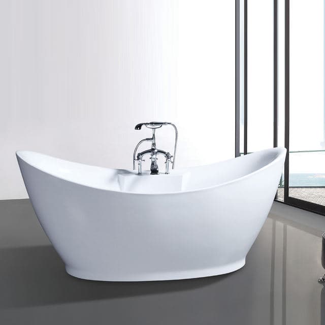 Boat-shaped freestanding bathtub with a raised reclining backrest at one end