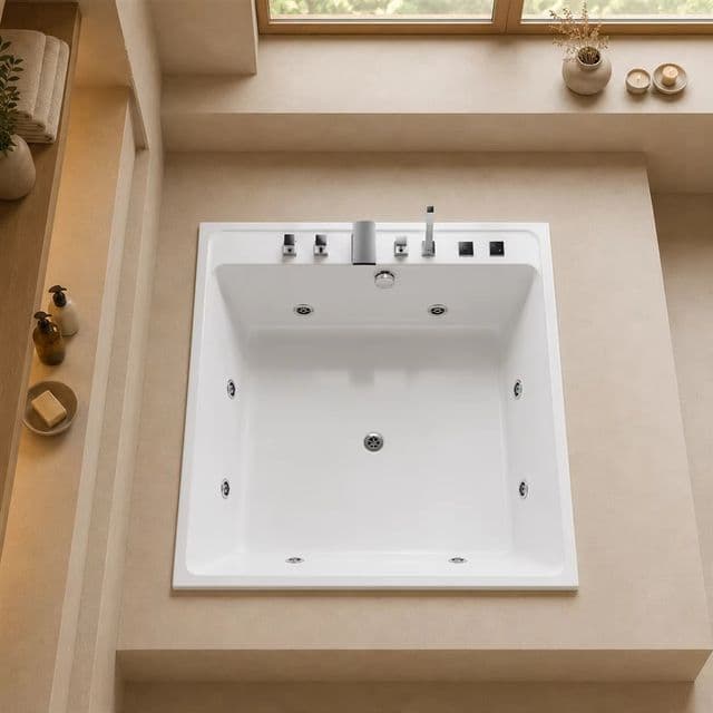 Built-in whirlpool bathtub with side wall jets and a control panel, drop-in installation, view 2