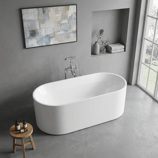 Capsule-shaped freestanding bathtub with high vertical side walls and a narrow rim
