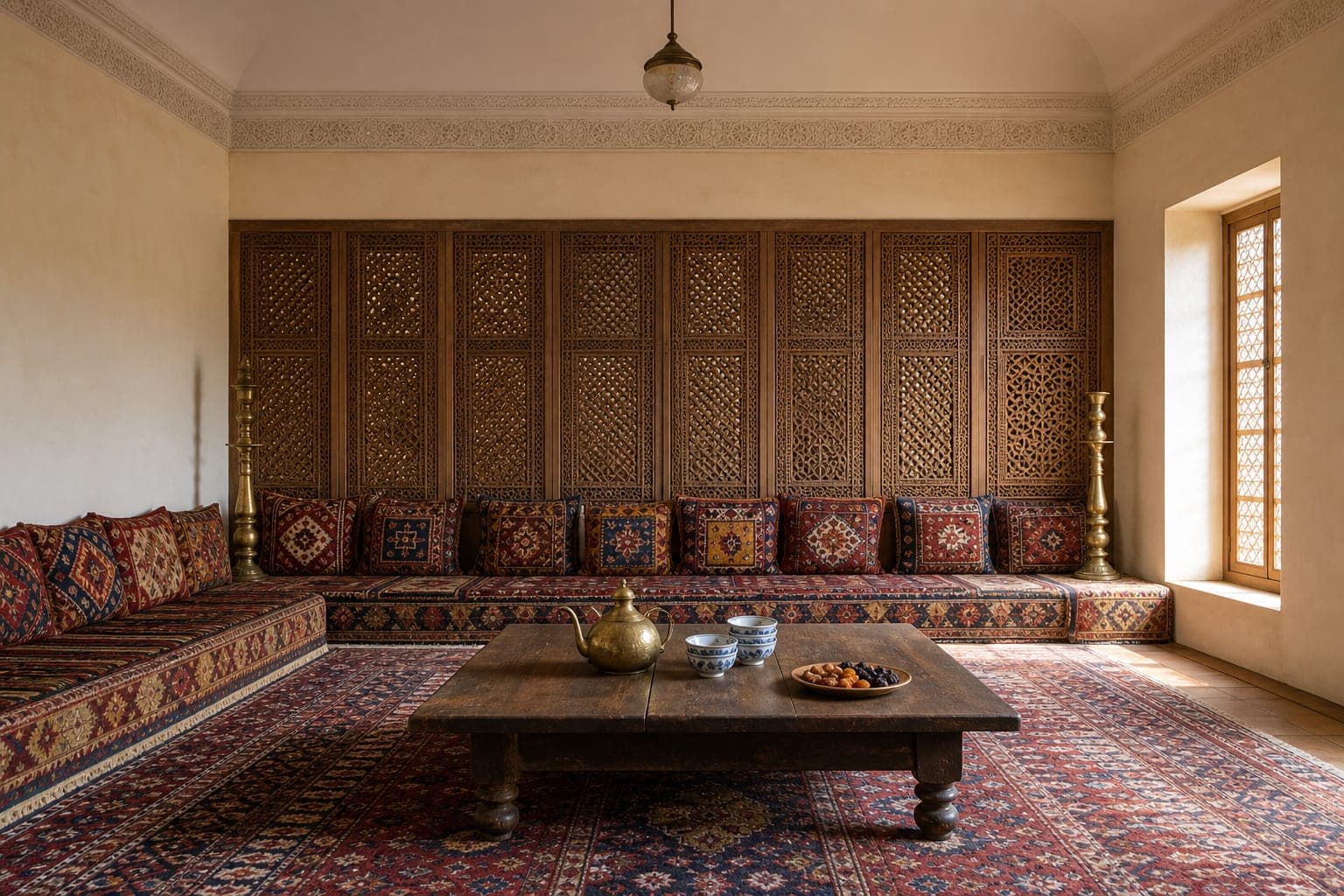 Tea and guest seating area with a low table