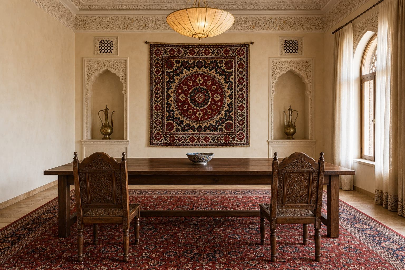 Dining room with a symmetrical layout and suzani hanging