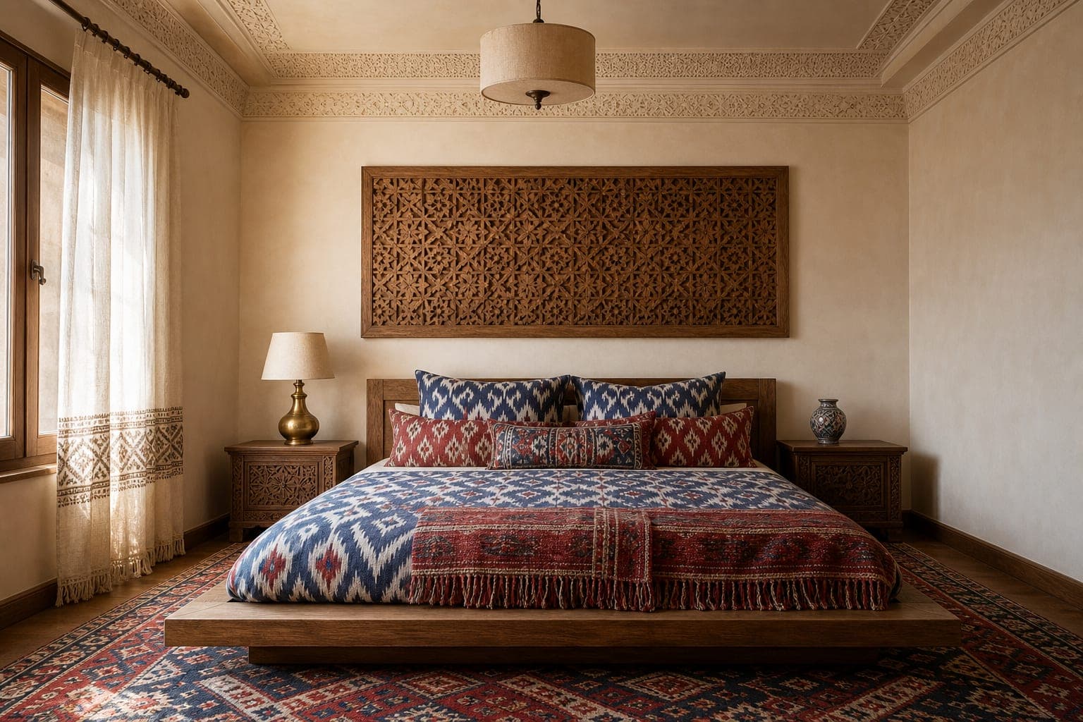 Primary bedroom with ikat bedding and carved screens