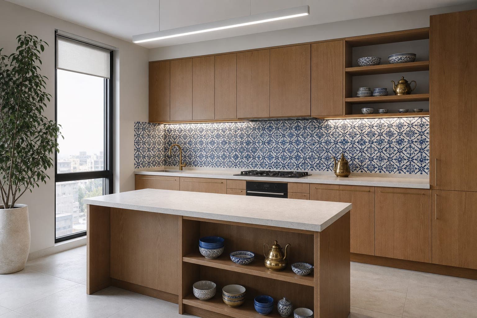 Kitchen with modern units and a blue-and-white tiled splashback