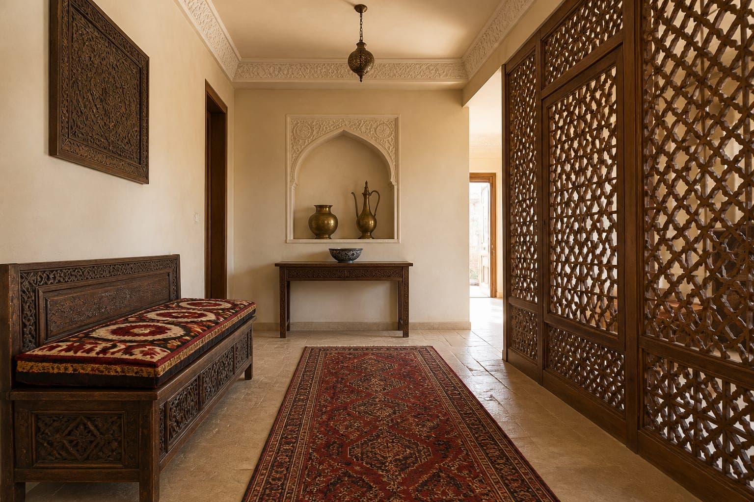 Entry with carved screens and a copper niche