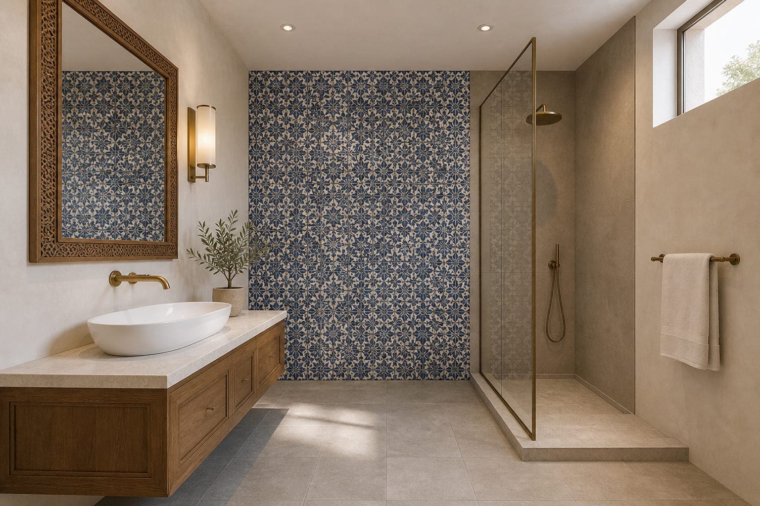 Primary bathroom with blue tile and a floating timber vanity