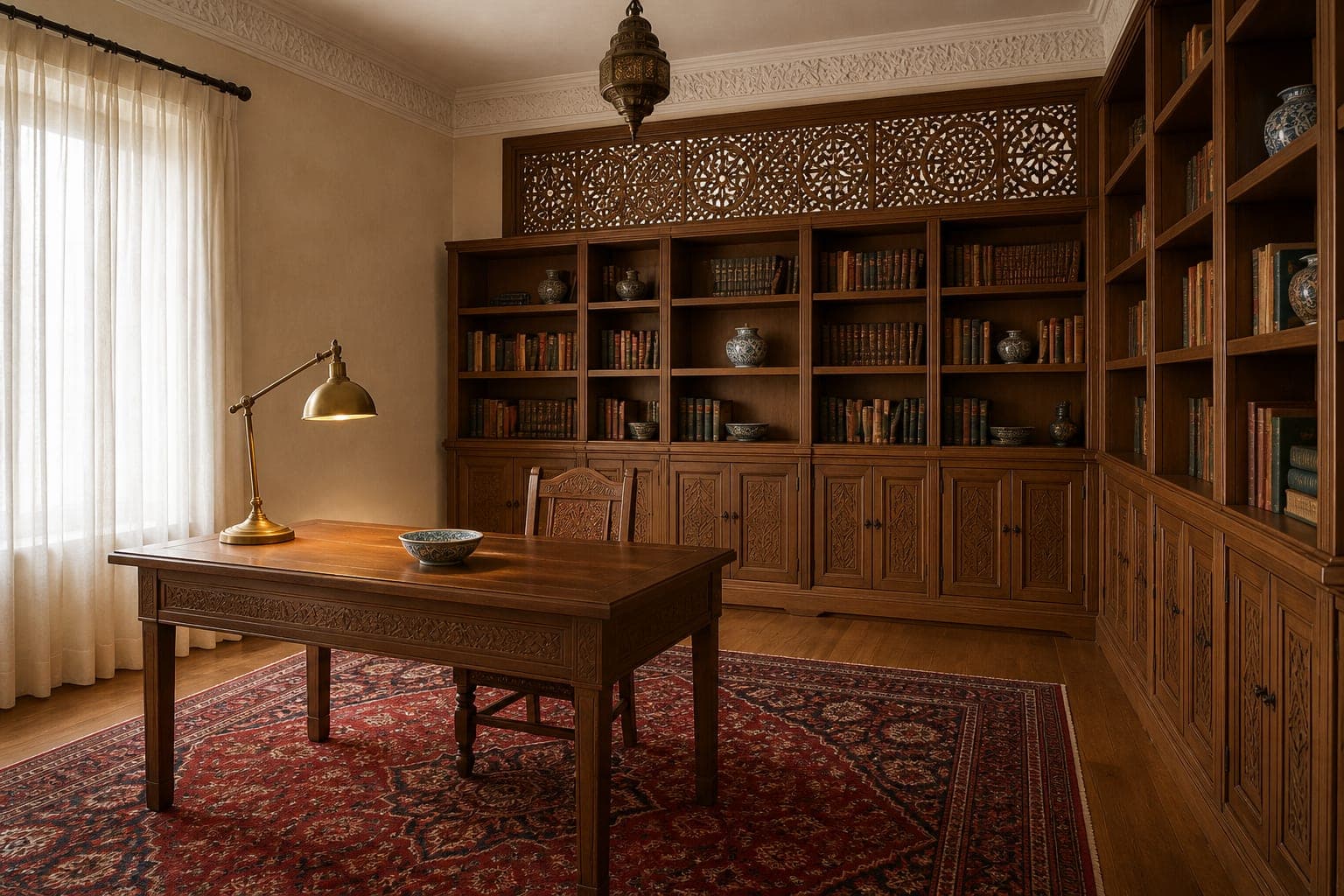 Study with carved screens and full-height shelving