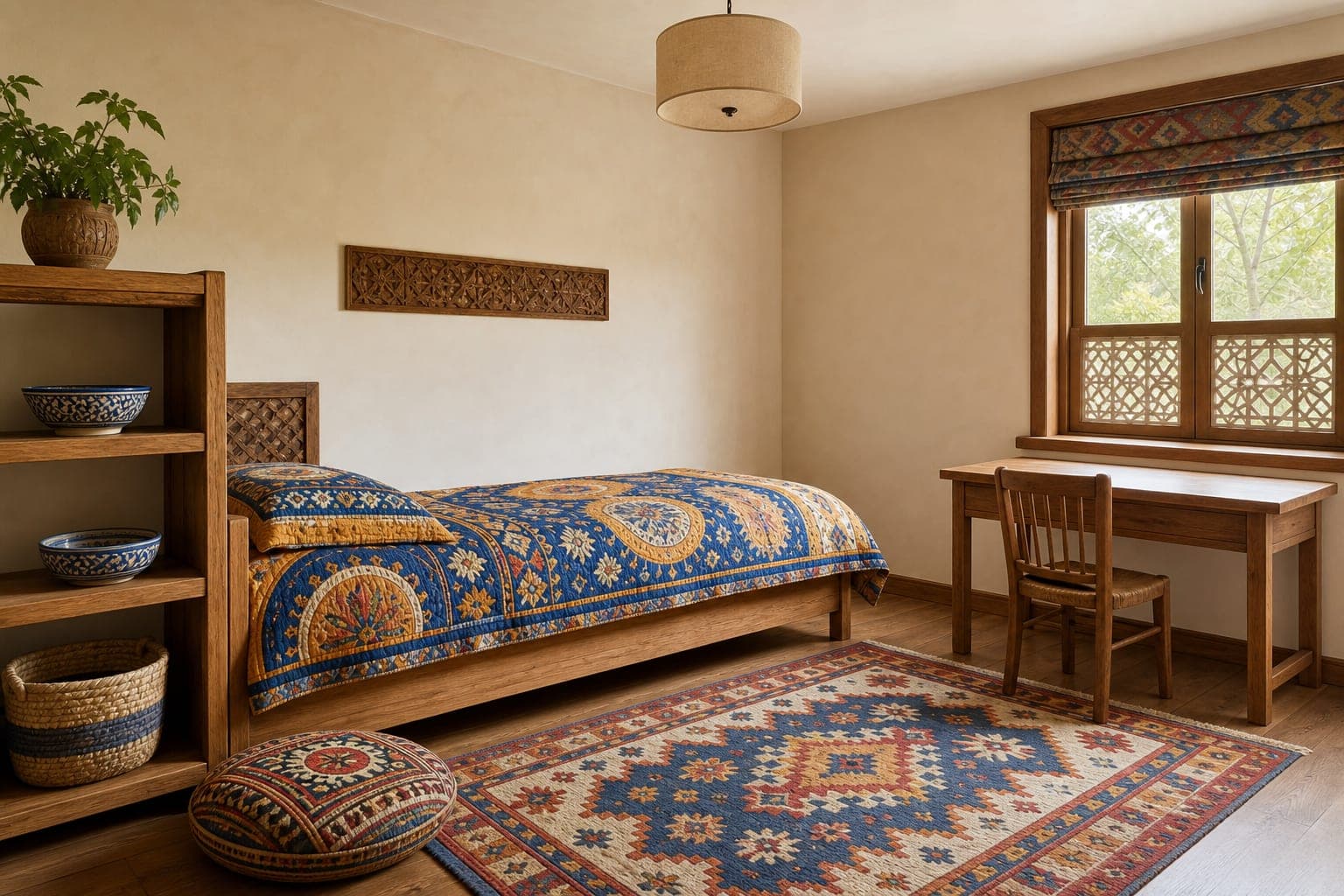 Children’s room with traditional textiles and modern timber furniture
