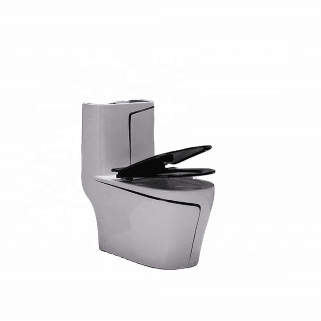 Glossy white designer toilet with a contrasting black seat and lid