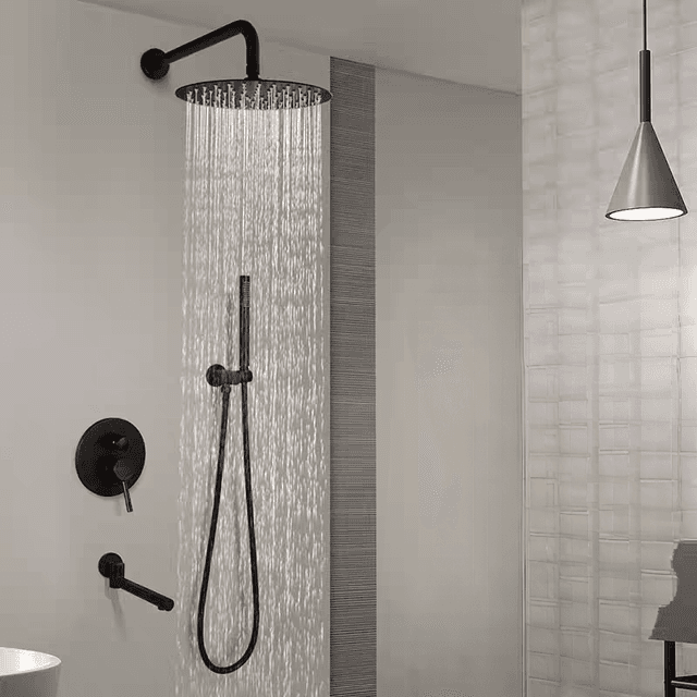 Concealed shower set installed in a tiled bathroom with a wall-mounted control plate