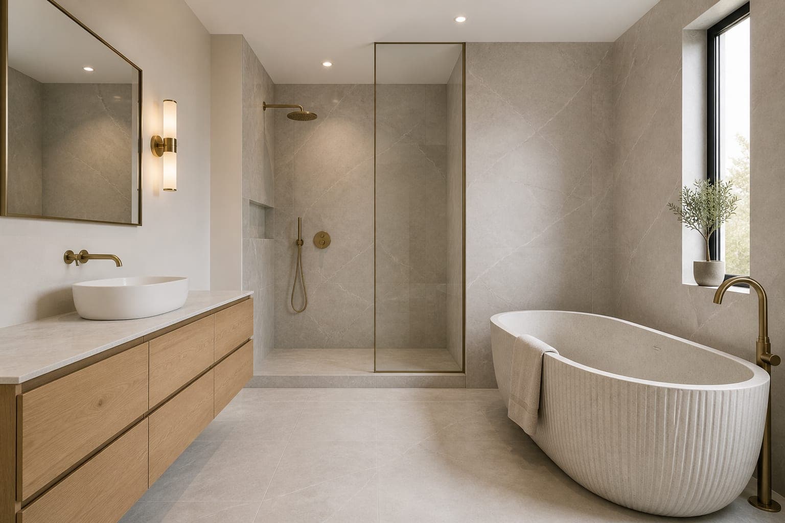 Primary bathroom with large-format stone
