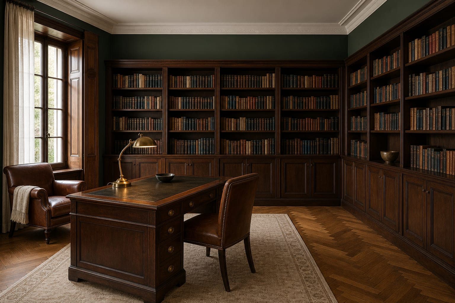 Study with full-height library shelving
