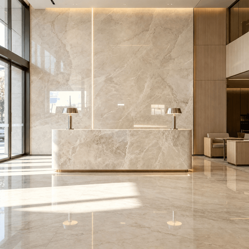 Marble reception counter and feature wall in a lobby