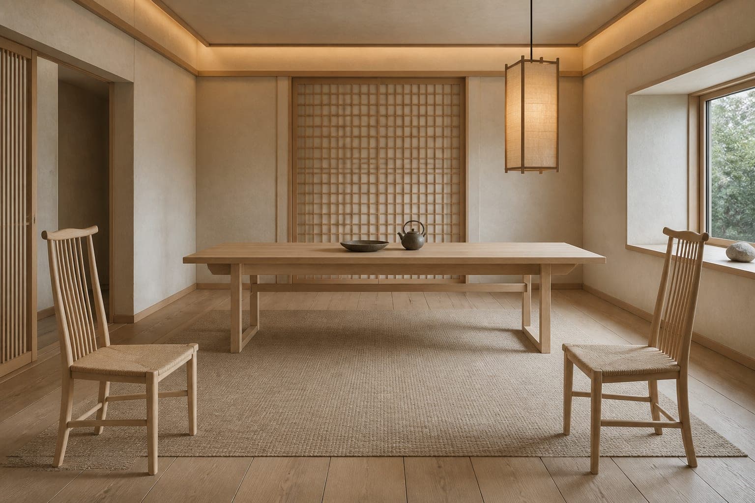 Dining room with kumiko screens and a paper lantern