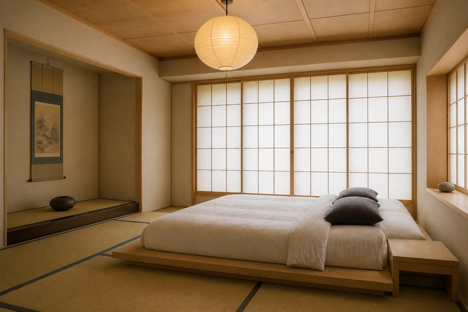Primary bedroom with tatami and a tokonoma alcove